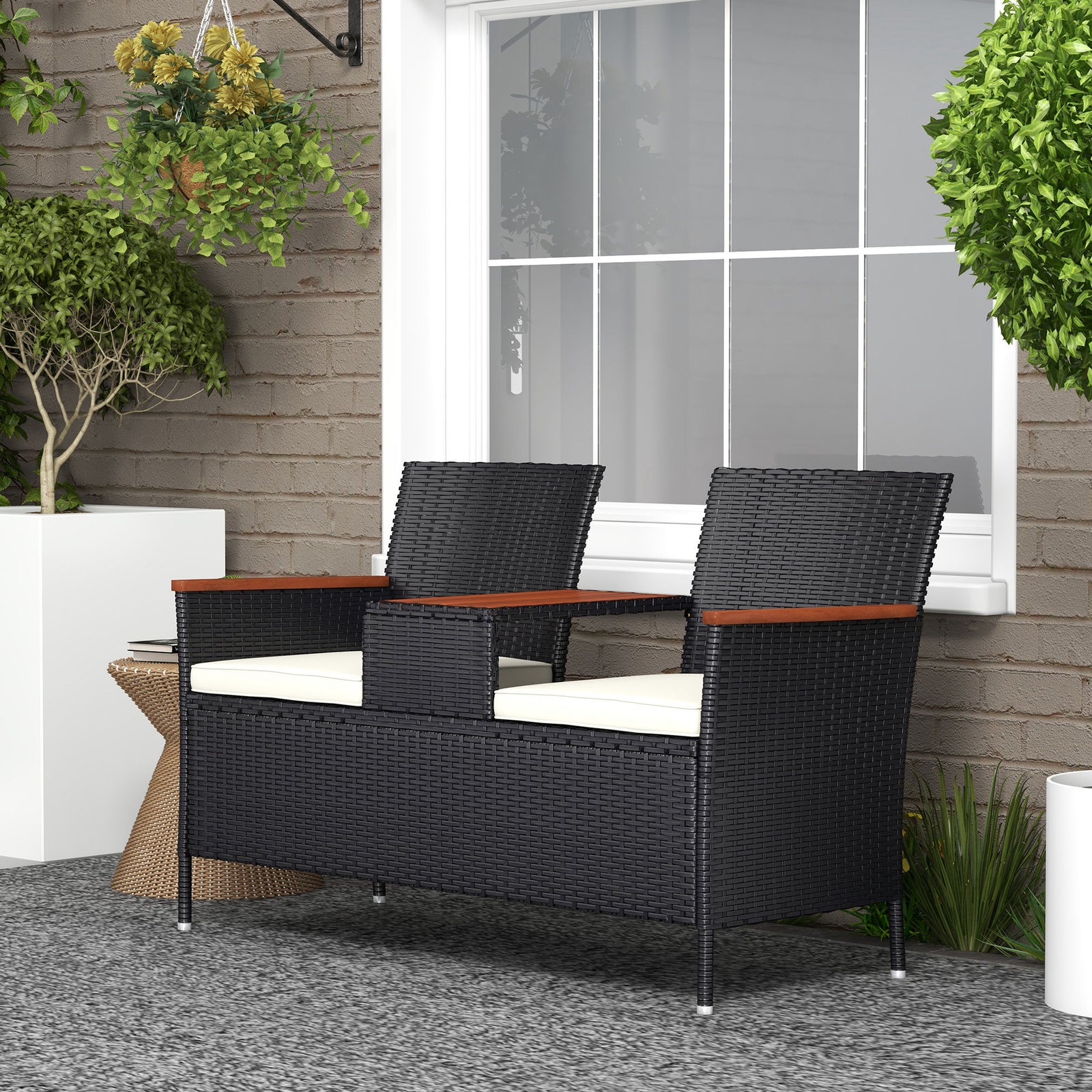 Rattan Garden Bench W/ Wood Top Table, Chair, Cushions | Black