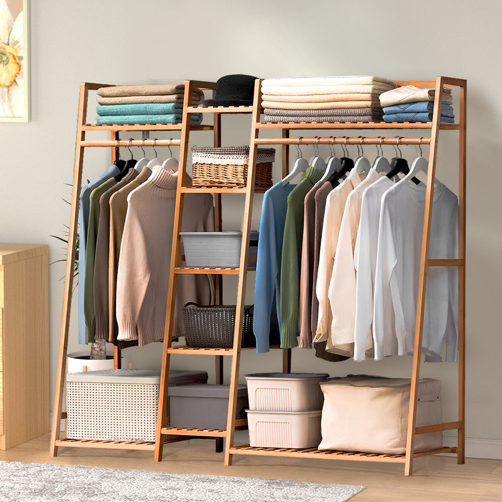 Trapezoid Bamboo Garment Rack With Tiered Storage Shelves | Natural