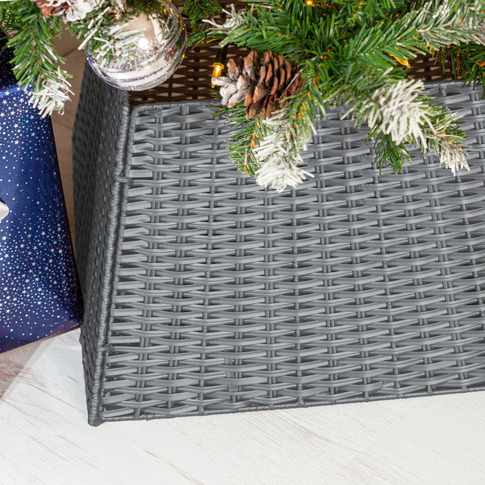Rattan Christmas Tree Skirt Foldable Basket Decoration | Grey
