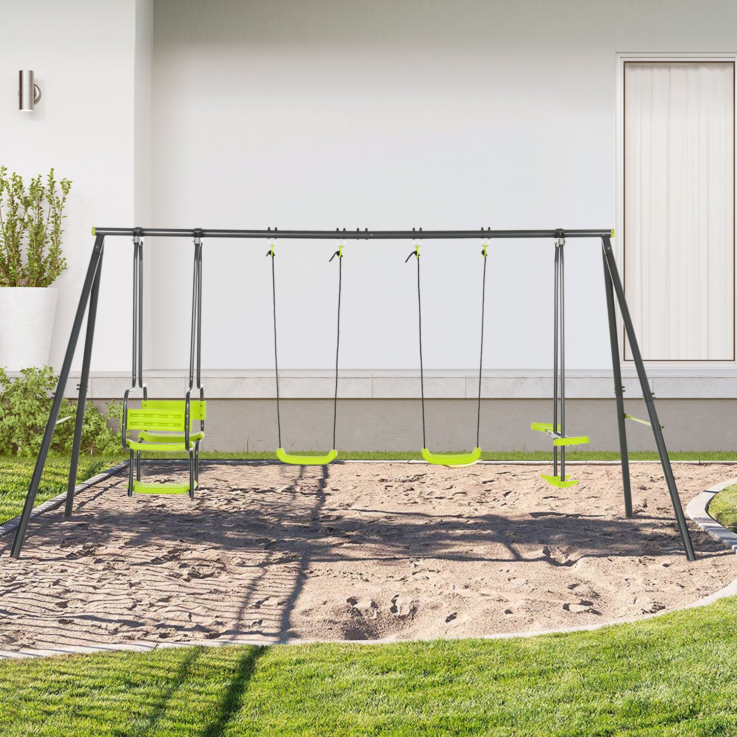 Garden Swing Set With Double Swings, Glider, Swing Seats For Outdoors