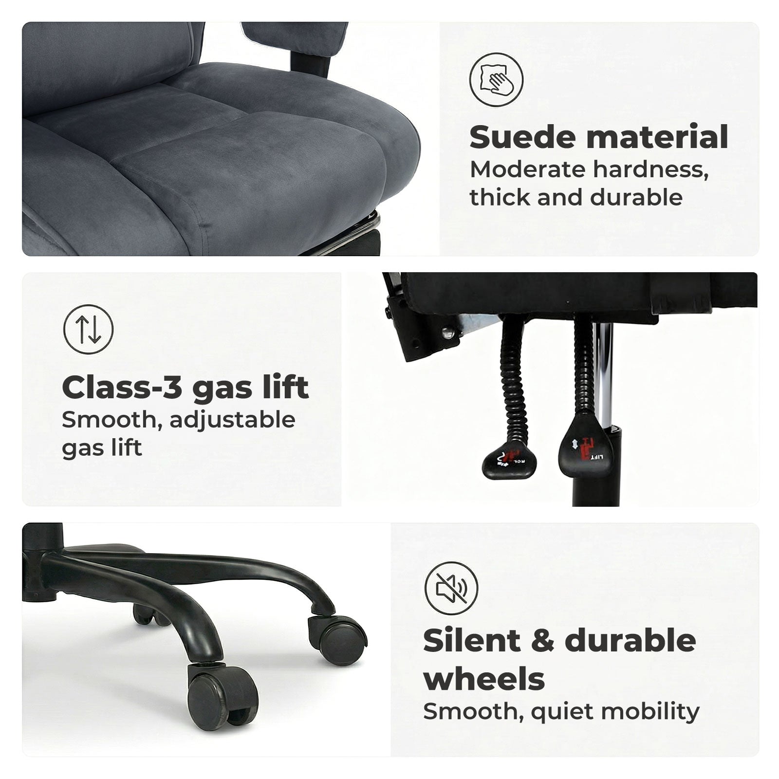 Ergonomic Office Chair Suede Fabric Wide Seat 155° Recline Footrest | Grey