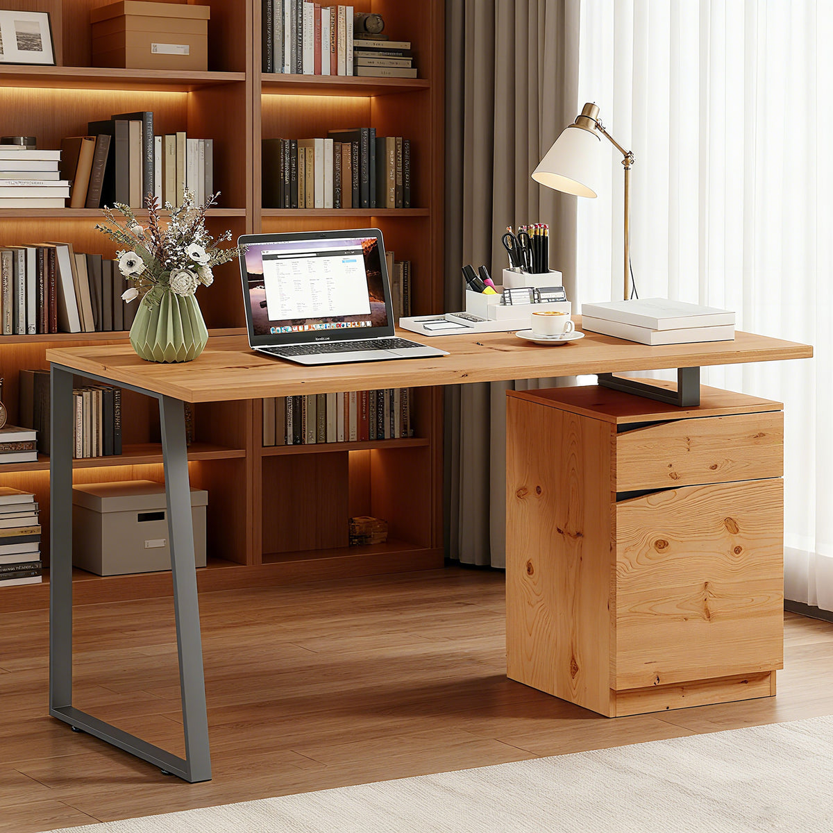 HOMCOM Computer Desk, Writing Table With Cabinet And Drawer, Natural