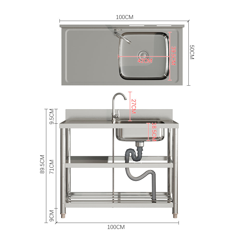 100cm/120cm W X 50cm D X 89.5cm H Bathroomdeco Stainless Steel One Compartment Sink With Shelves | Small