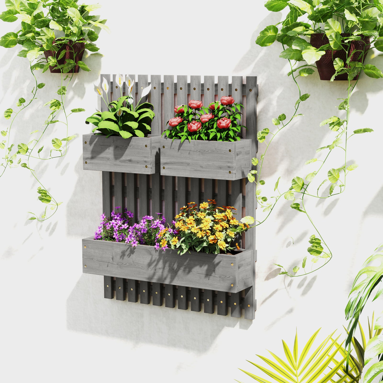 Wall-mounted Wooden Planters With Trellis | Grey