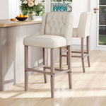 Elegant Set Of 2 Bar Stools Linen Tufted With Wood Legs & Low Back | Beige