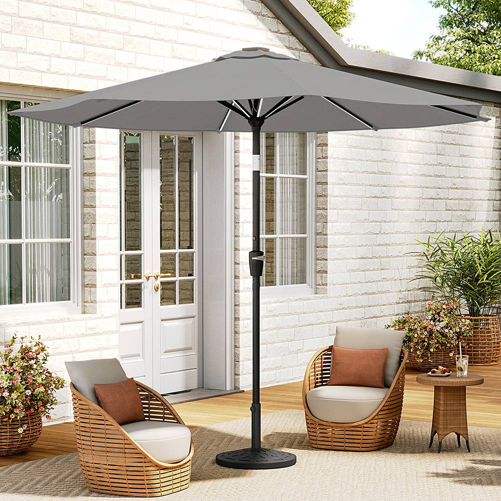 3m Solar Led Patio Umbrella, Outdoor Parasol With 16 Led Tubes, Crank Lift & Push Button Tilt With Resin Base | One Size | Light Grey