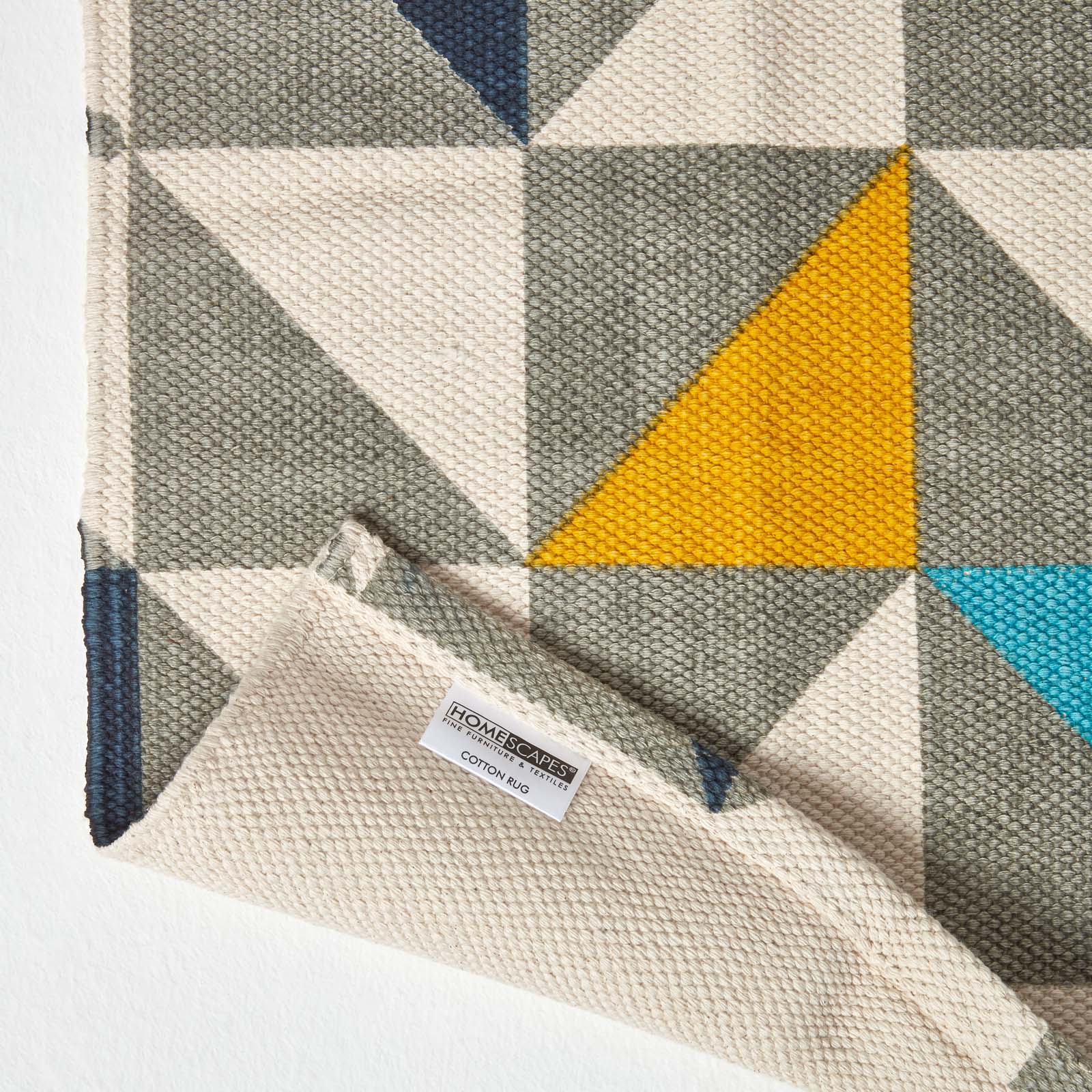 Copenhagen Blue, Yellow And Grey 100% Cotton Geometric Style Scandi Printed Rug | 150cm x 220cm | Grey & White