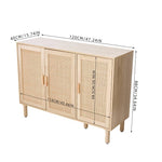 Solid Wood Sideboard with Rattan Doors, 3-Door Storage Cabinet, Oak Finish, Soft-Close, Freestanding, 120cm W