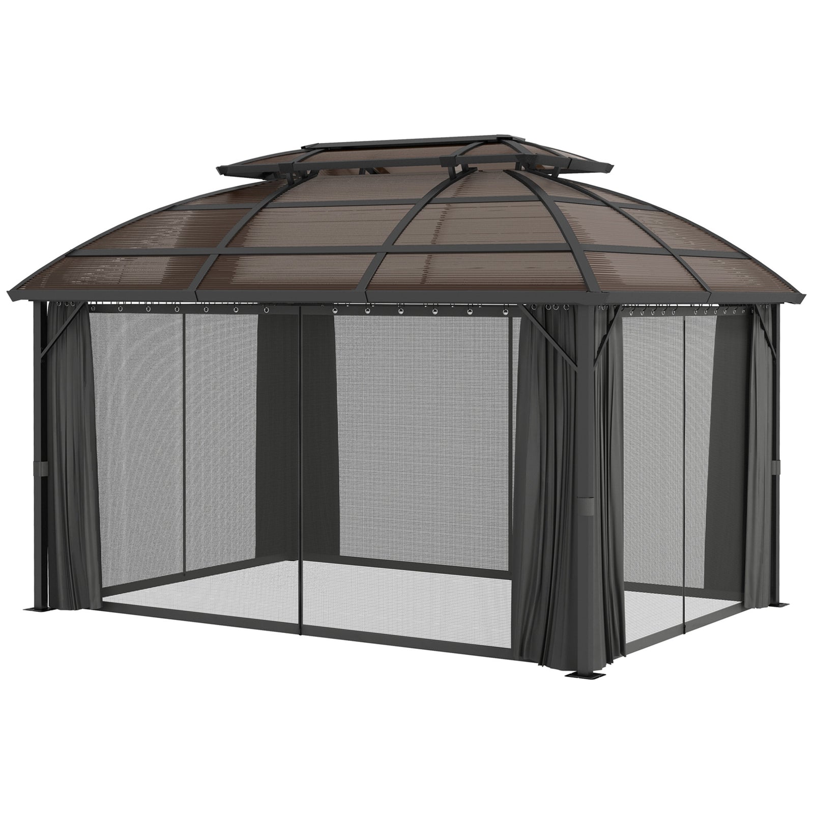 4 X 3(m) Polycarbonate Gazebo W/ Curtains, Nettings, 2 Roofs | Brown