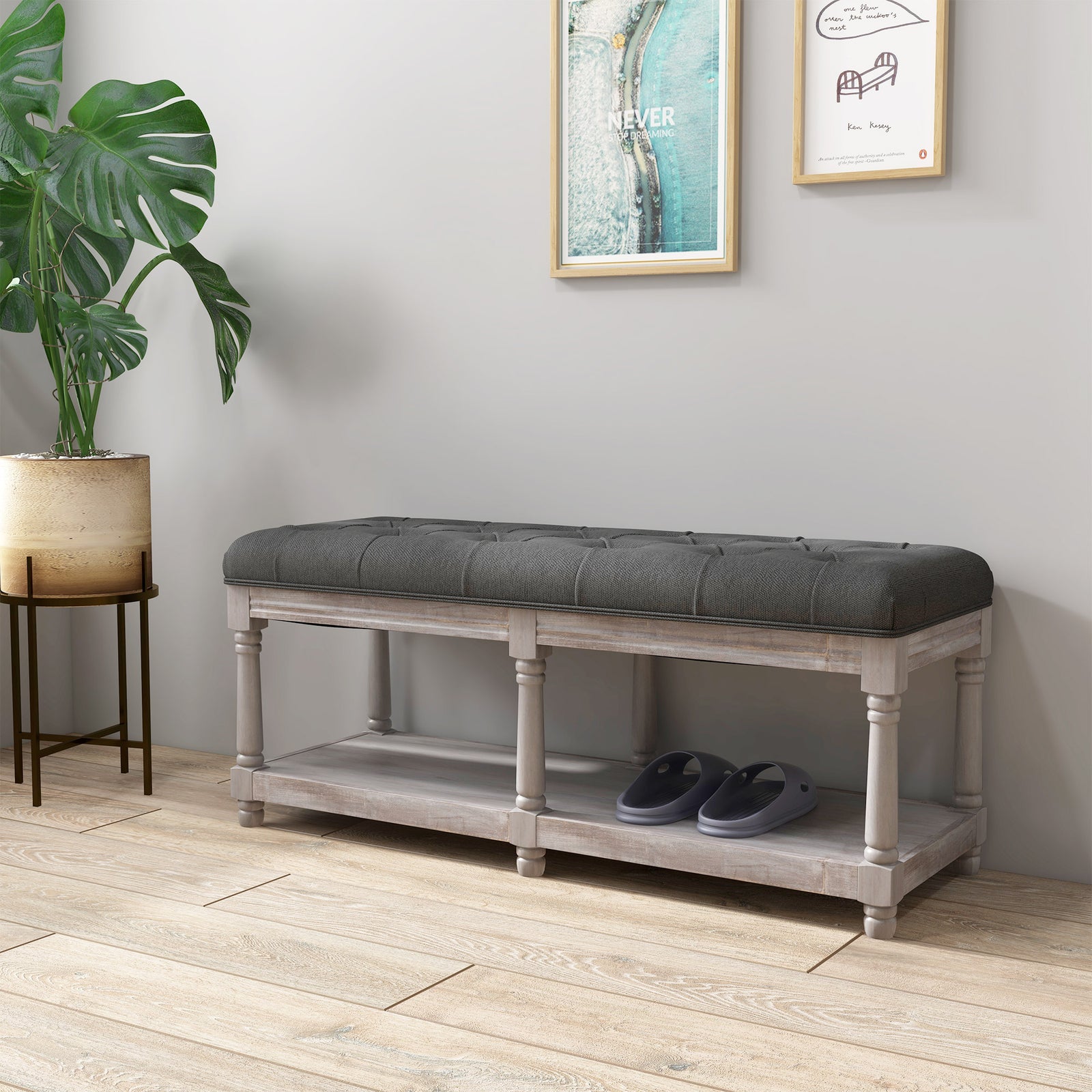 2-tier Bed End Bench Vintage Stool Button Tufted Window Seat | One Size | Gray