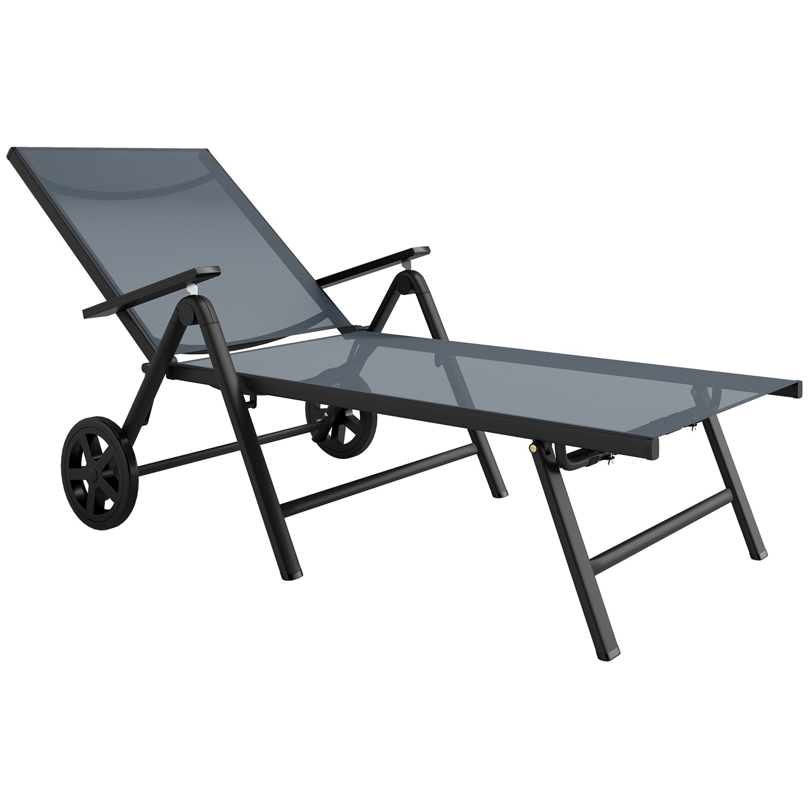 Folding Sun Lounger W/ Wheels, 5-position Adjustable Sunbed