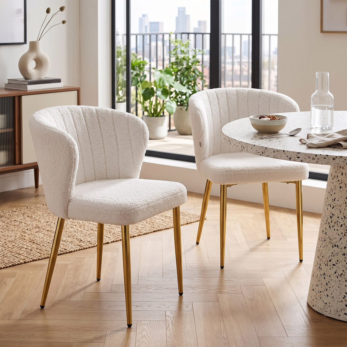Breeins Set Of 2 Modern Sherpa Fleece Dining Chairs With Gold Metal Legs