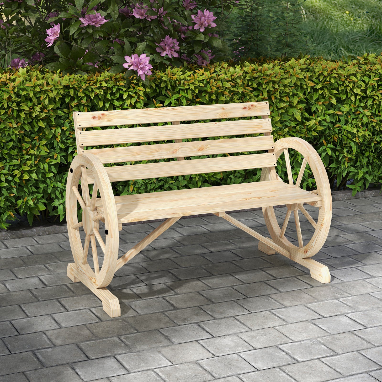 2 Seater Garden Bench W/ Wooden Cart Wagon Wheel Natural