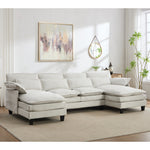 U-shaped Textured Breathable Chenille Sectional Sofa With Dual Chaise – Modular Living Room Couch With Lumbar Cushions | Beige