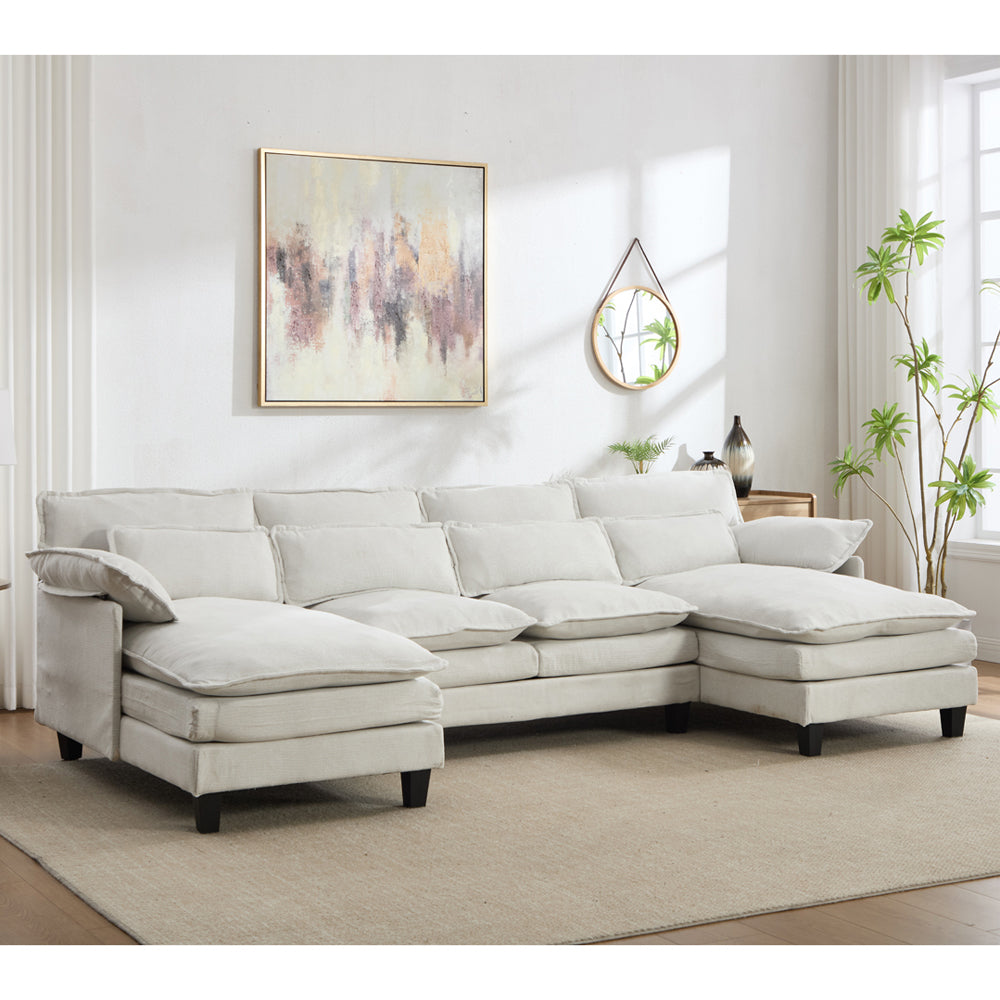 U-shaped Textured Breathable Chenille Sectional Sofa With Dual Chaise – Modular Living Room Couch With Lumbar Cushions | Beige