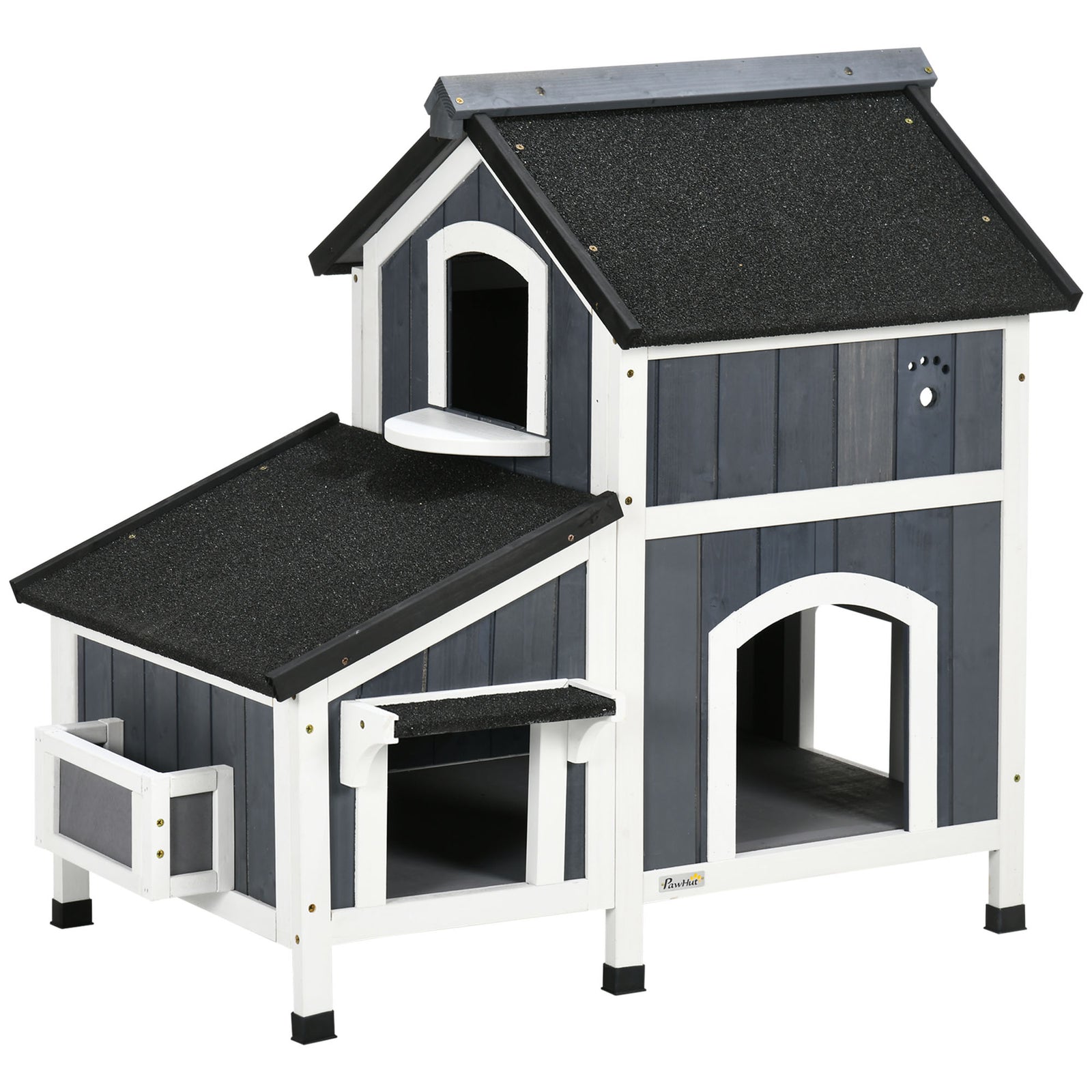 Wooden Outdoor Cat House W/ Flower Pot, Windows, Multiple Entrances