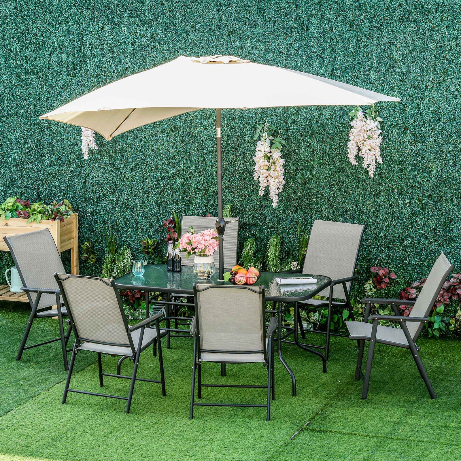 Outdoor Dining Set Steel Frames W/ 4 Chairs Coffee Table | 7 | Gray