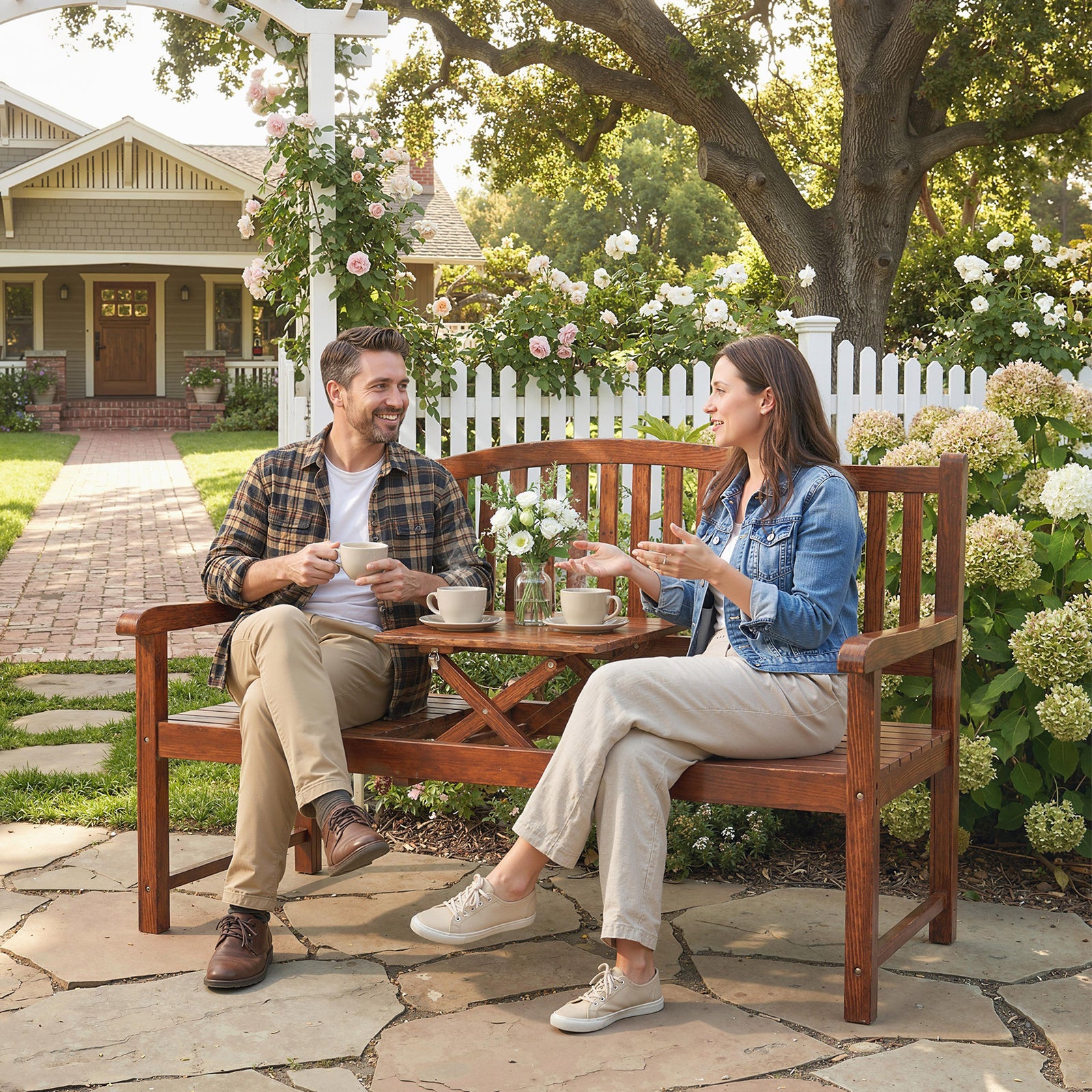 Outsunny Wood Garden Loveseat Bench With Liftable Table, Cover, Light Brown
