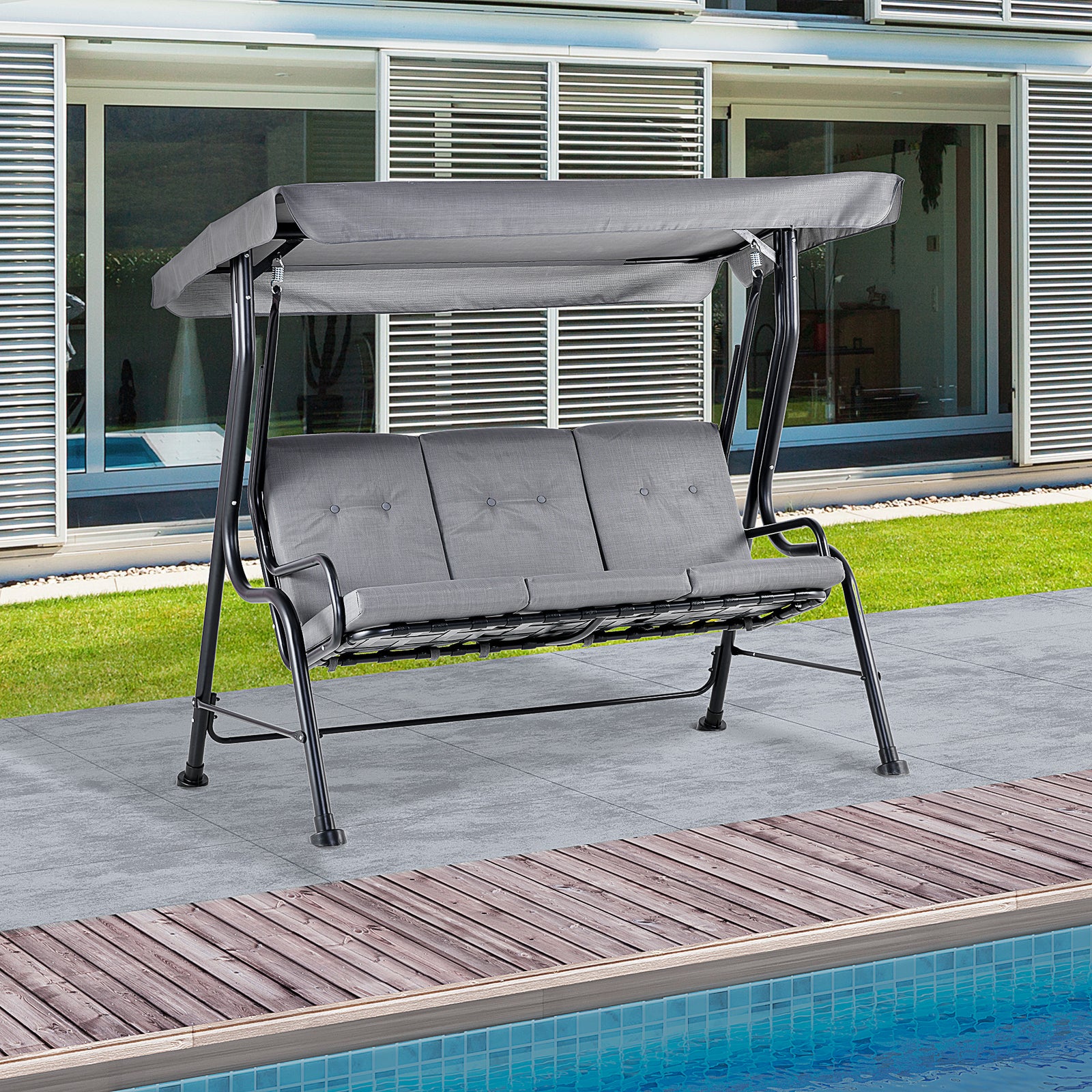 Outdoor 3-person Garden Metal Padded Porch Swing Chair Bench | Gray