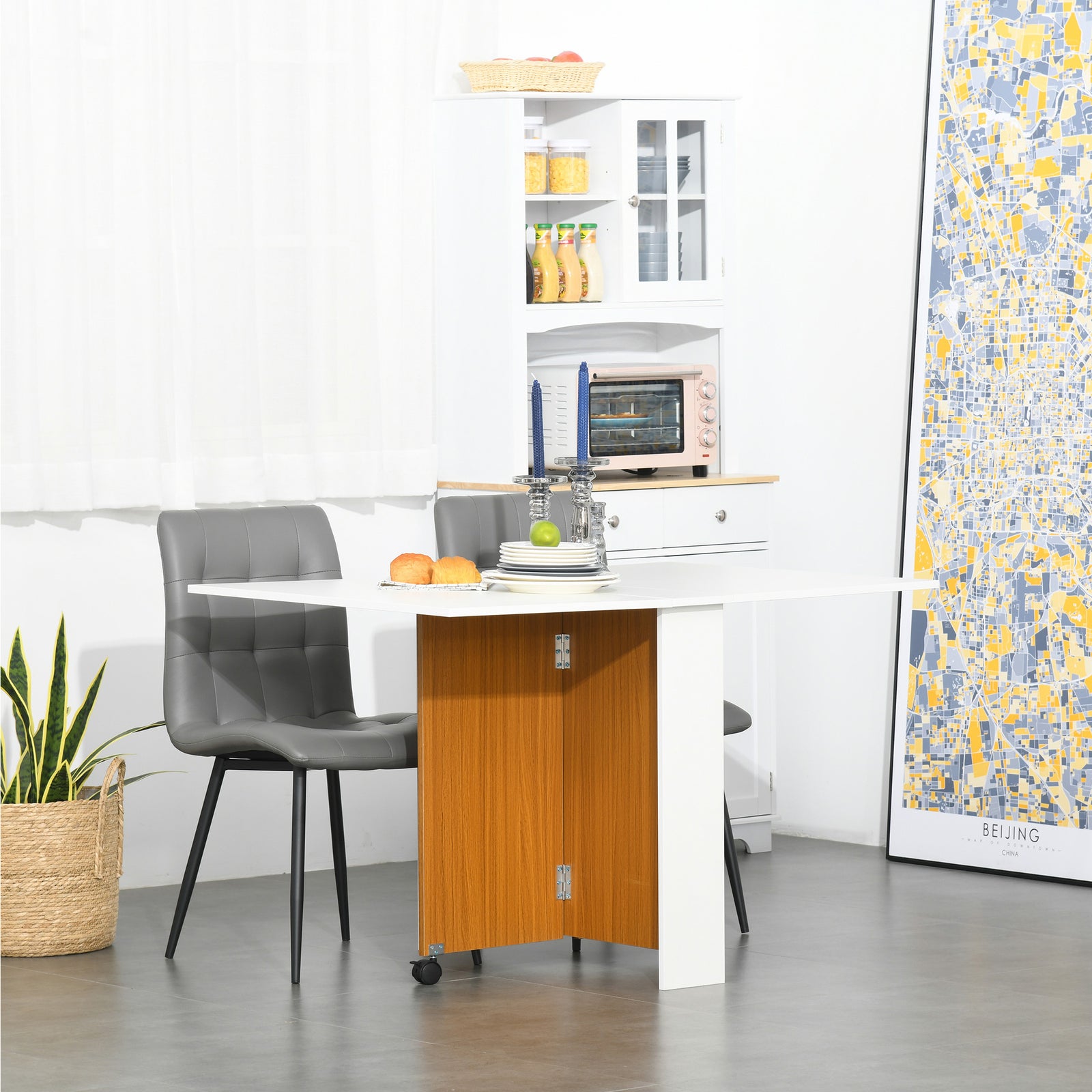 Folding Dining Table, Mobile Desk, Casters, Teak