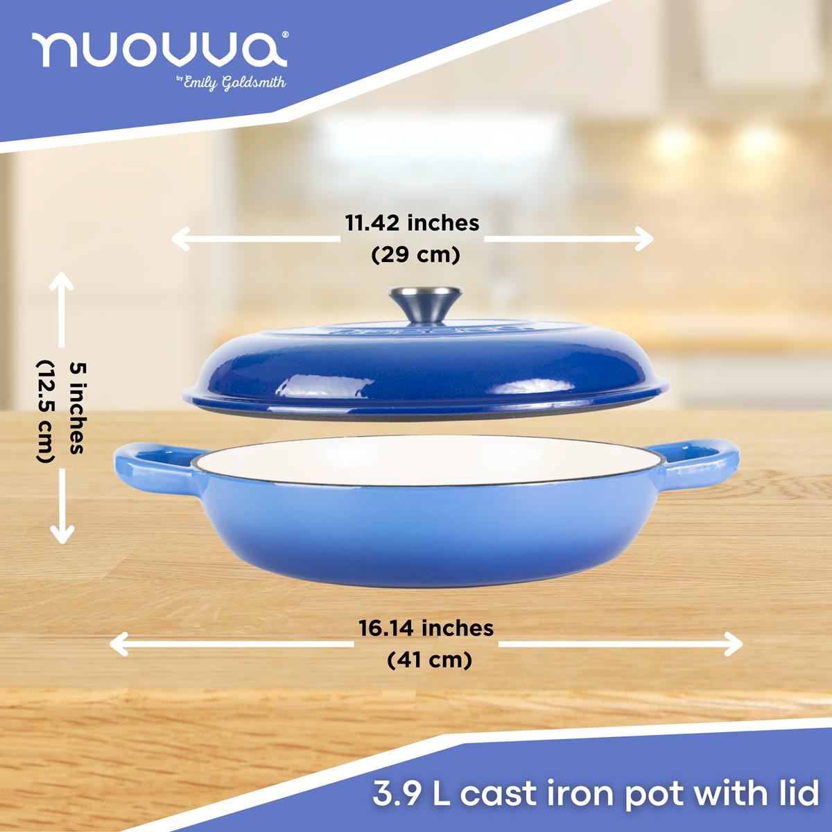 Shallow Cast Iron Casserole Pot With Lid  - 30cm , 3.7-quart | Dark Blue