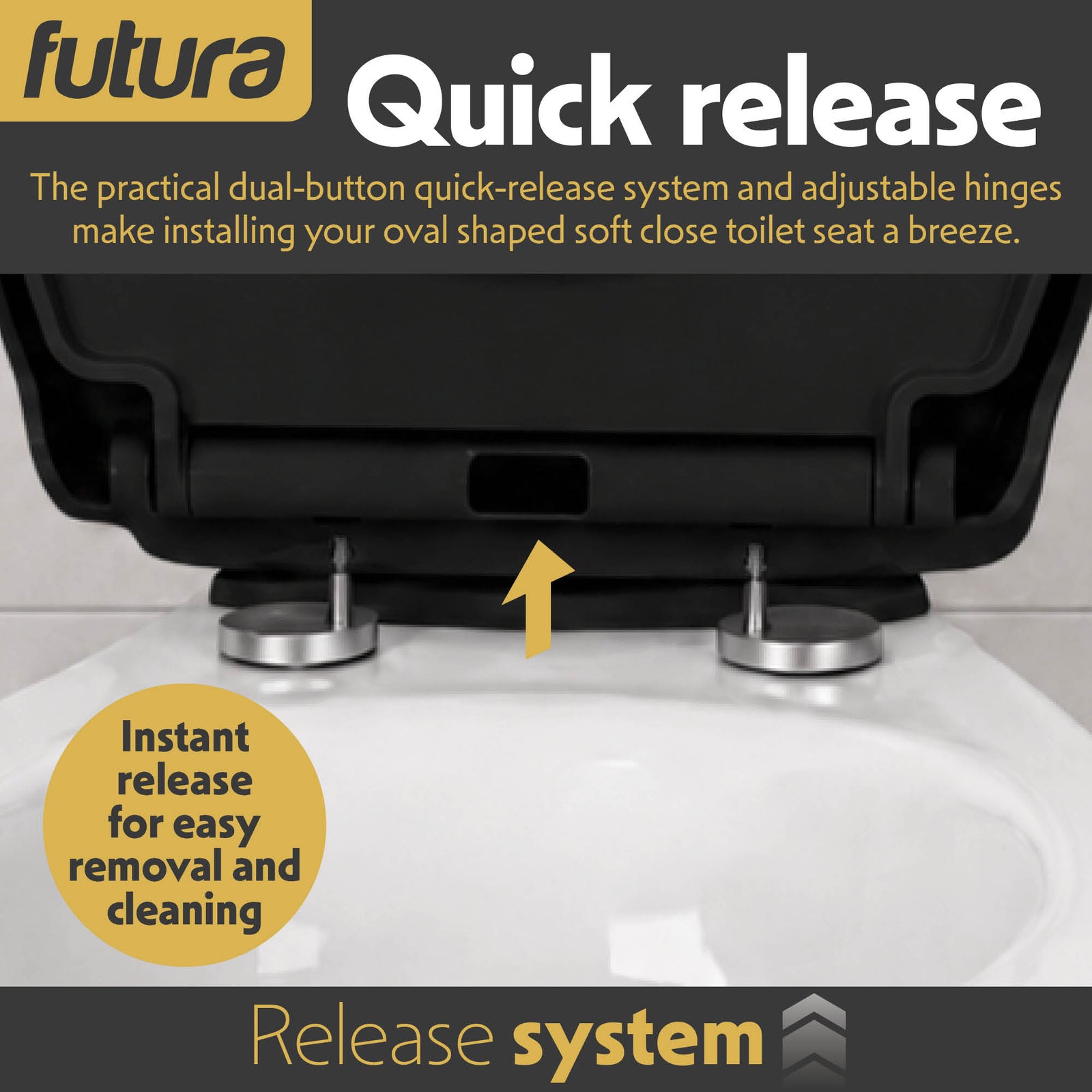 Toilet Seat Soft Close Oval Shape, Premium Thermoplastic, Quick Release, Top & Bottom Fixings | Black