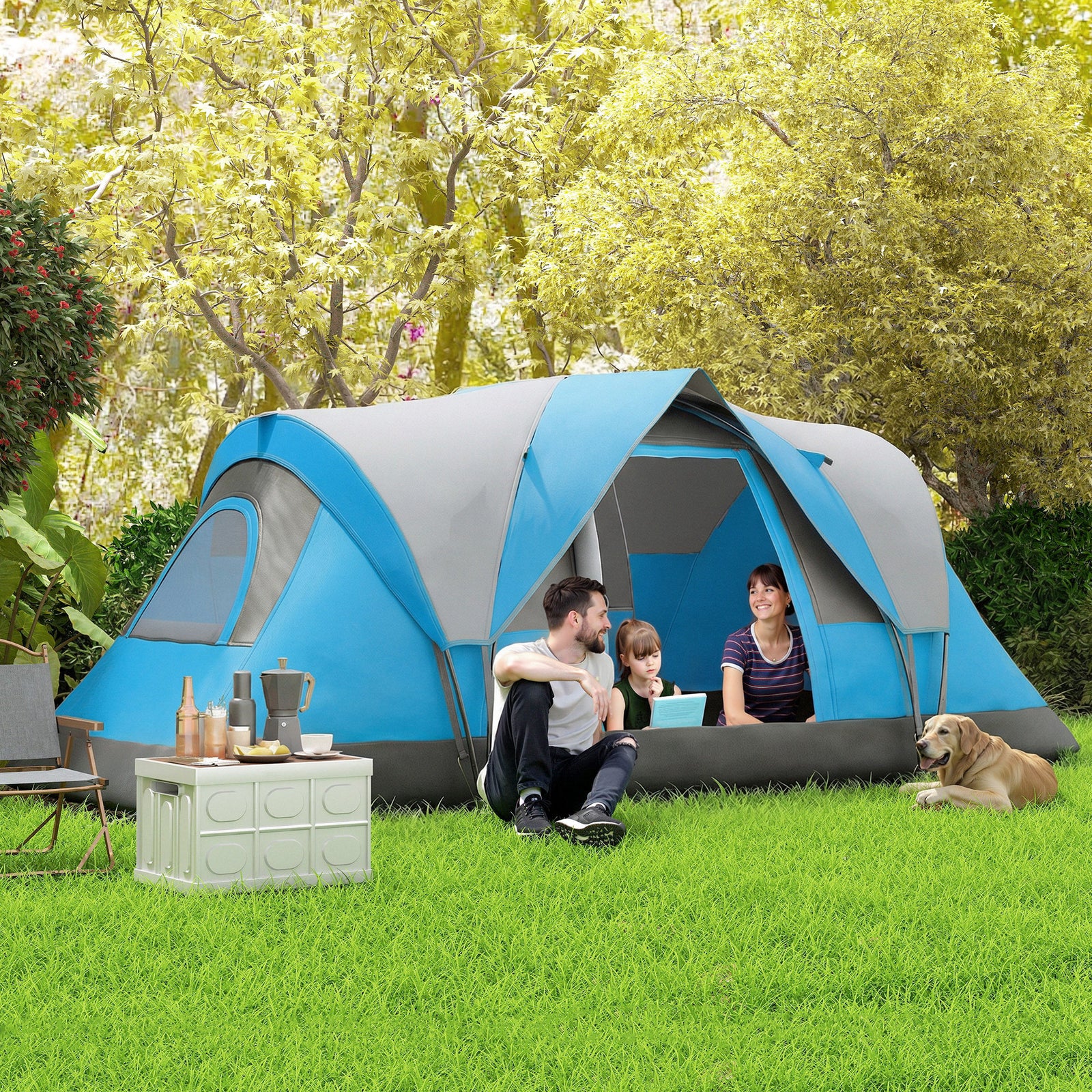 5-6 Man Camping Tent, Water Resistant Hiking Shelter | Light Blue