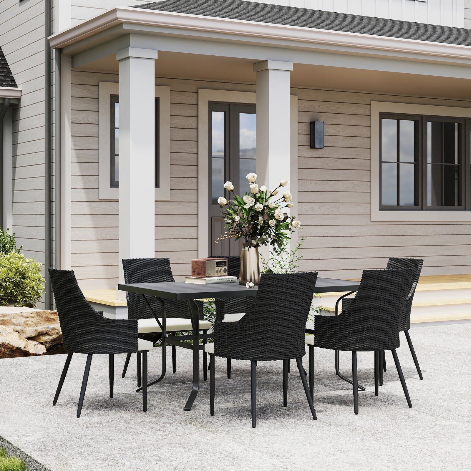 6 Seater Rattan Dining Set, Rectangle Slatted Table | Cream