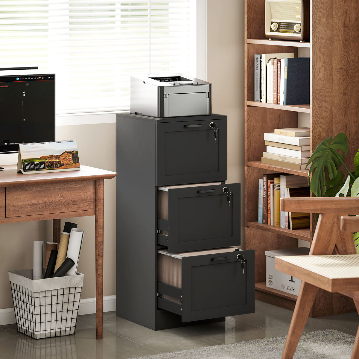 HOMCOM 3-drawer File Cabinet, Lockable Filing Cabinet For A4 Letter, Black