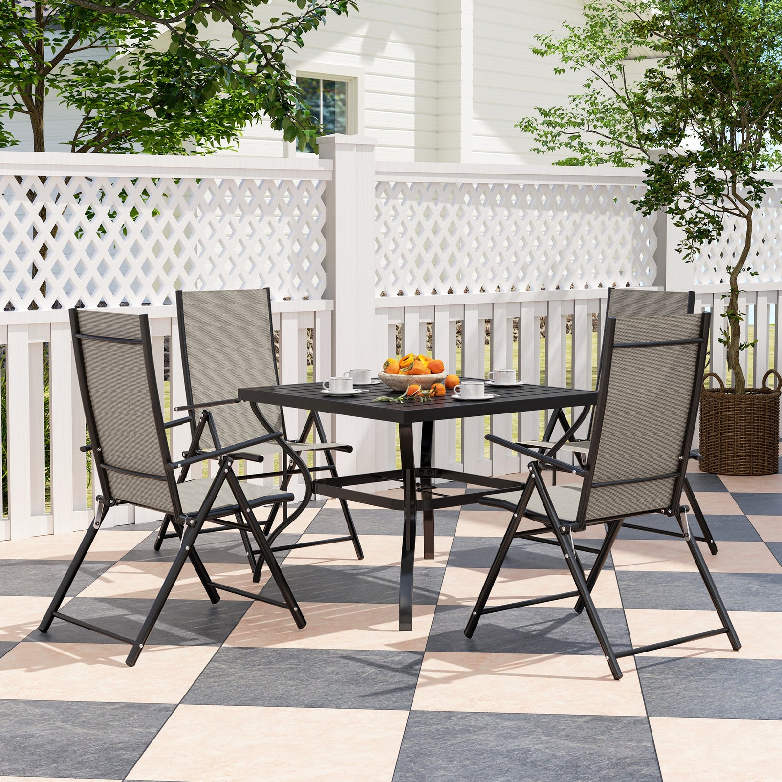 5 Pcs Garden Dining Set, Folding Chairs And Metal Top Table | Khaki