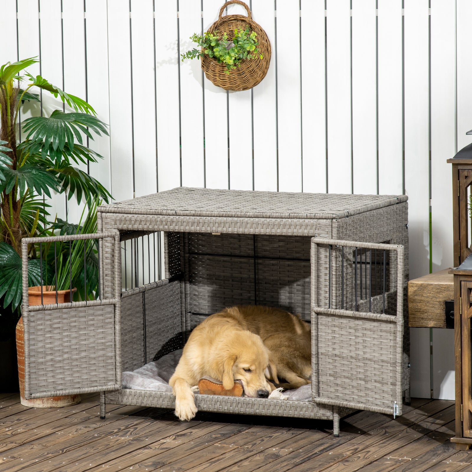 PawHut Pawhut Wicker Dog Cage Crate W/ Cushion For Medium Large Dogs, 85 X 61 X 70 Cm