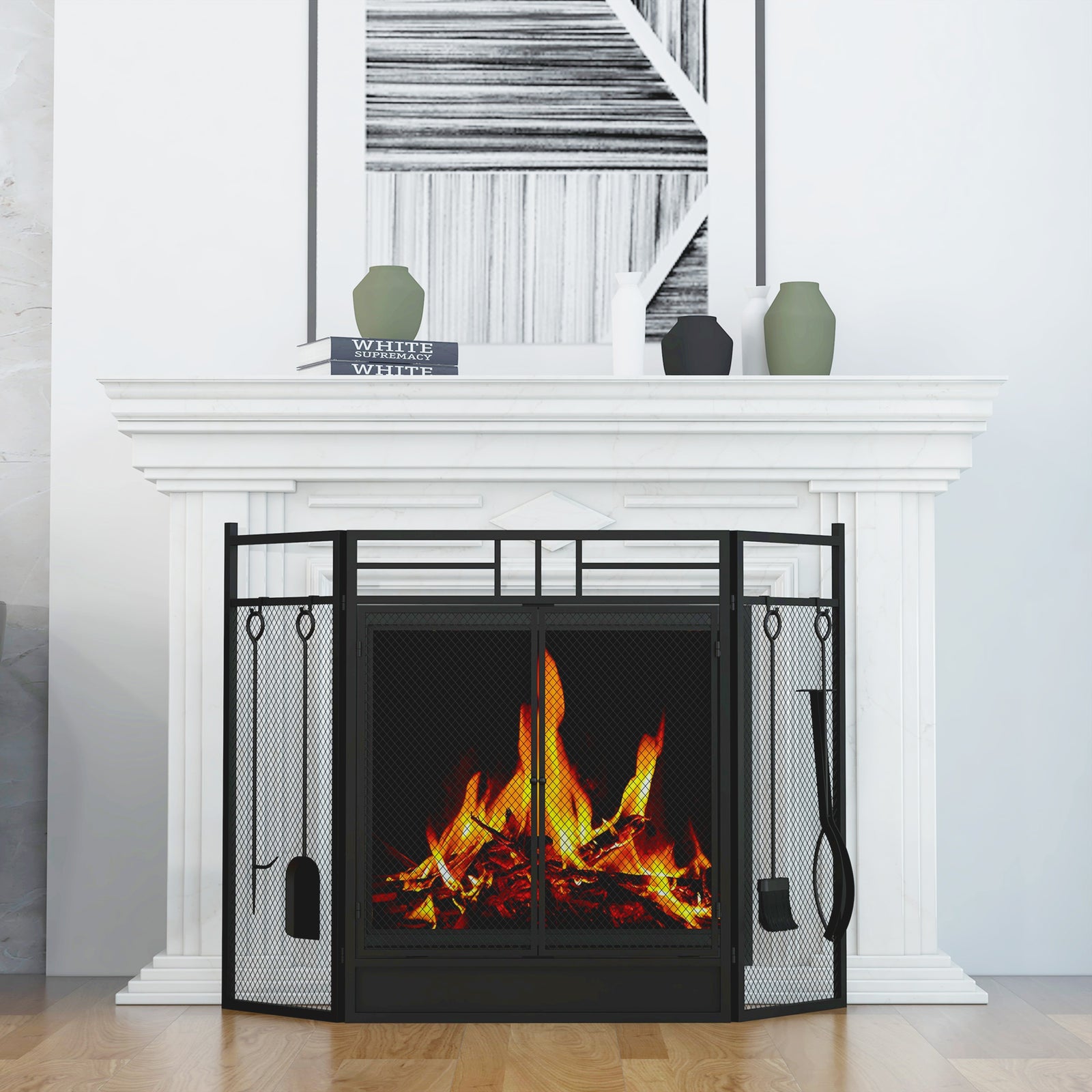 3 Panel Folding Fire Screen With 2 Door Fireplace Accessary