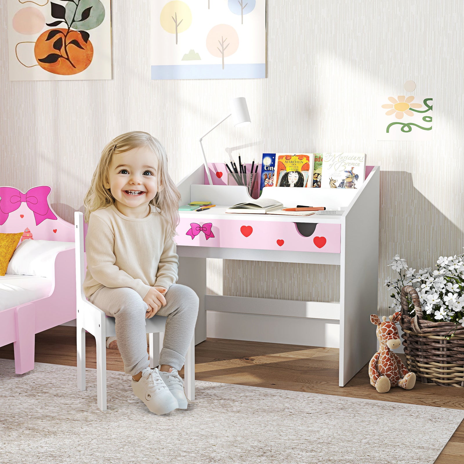 Aiyaplay Children Study Table And Chair W/ Storage, Pull-out Drawer | Pink