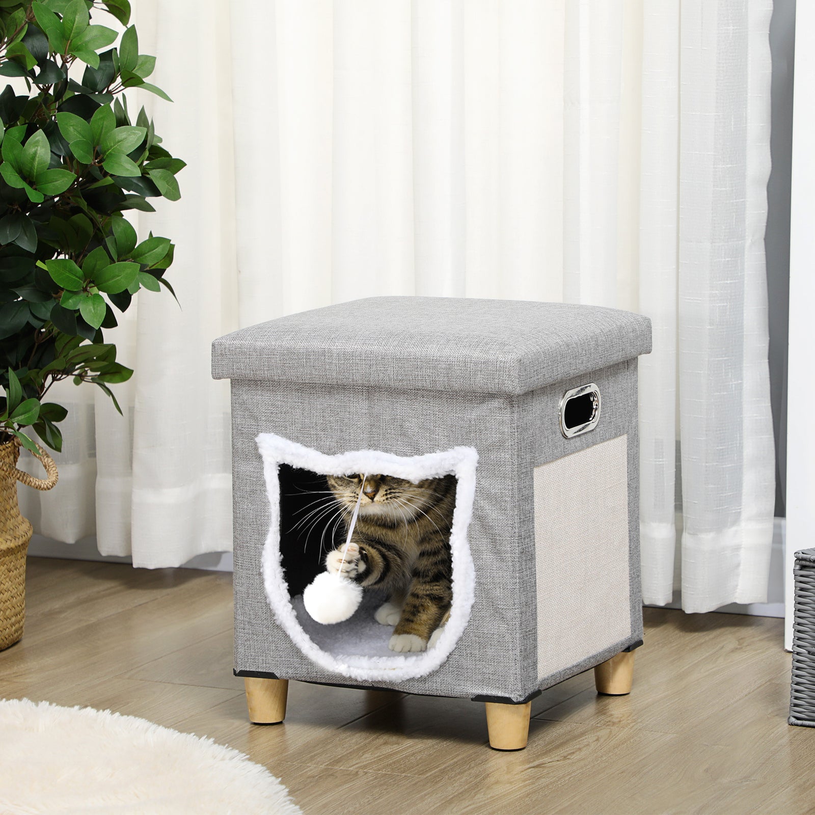 2 In 1 Cat Bed Ottoman W/ Removable Cushion, Handles, Scratching Pad