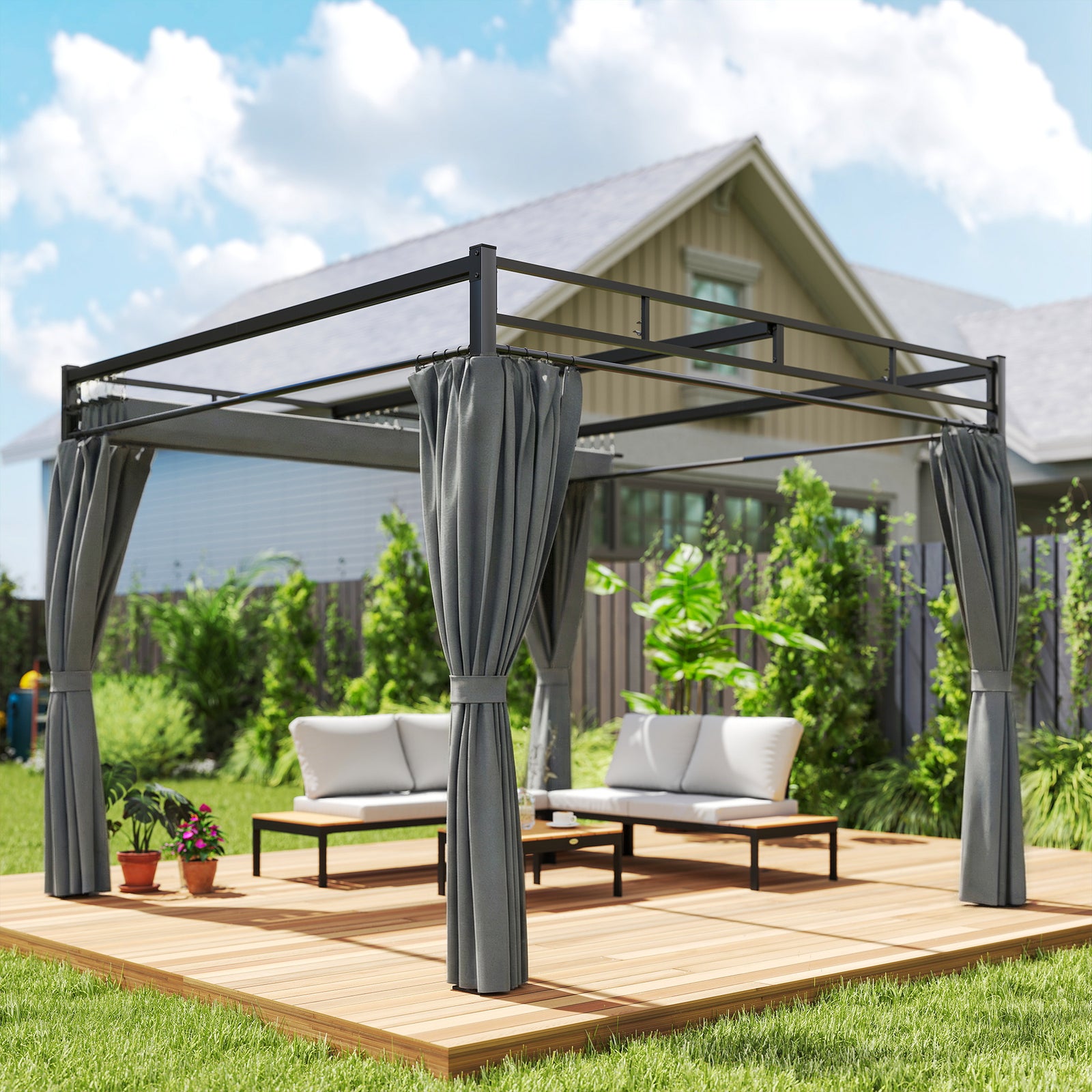 3 X 3 M Garden Pergola With Retractable Canopy, Curtains | Dark Grey