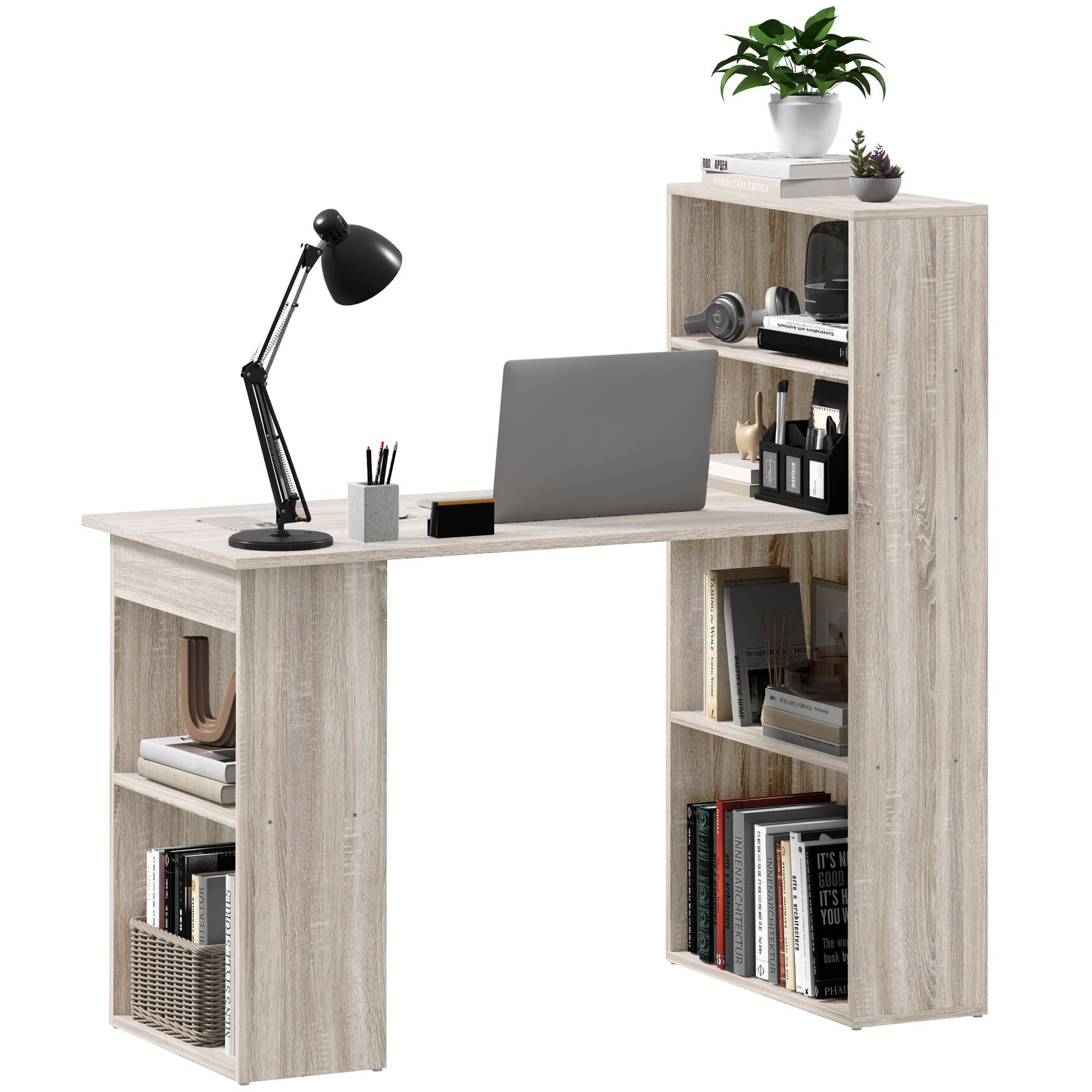 120cm Computer Desk Bookshelf Writing Table 6 Shelves | Grey