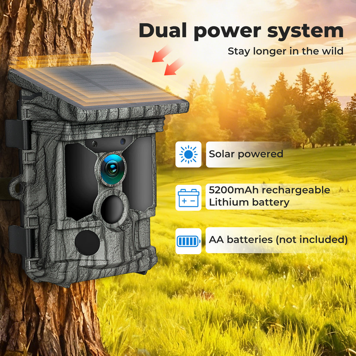 Solar Trail Camera 4k 112mp Hunting Game Cam Wifi Bluetooth 64gb Card | Camouflage