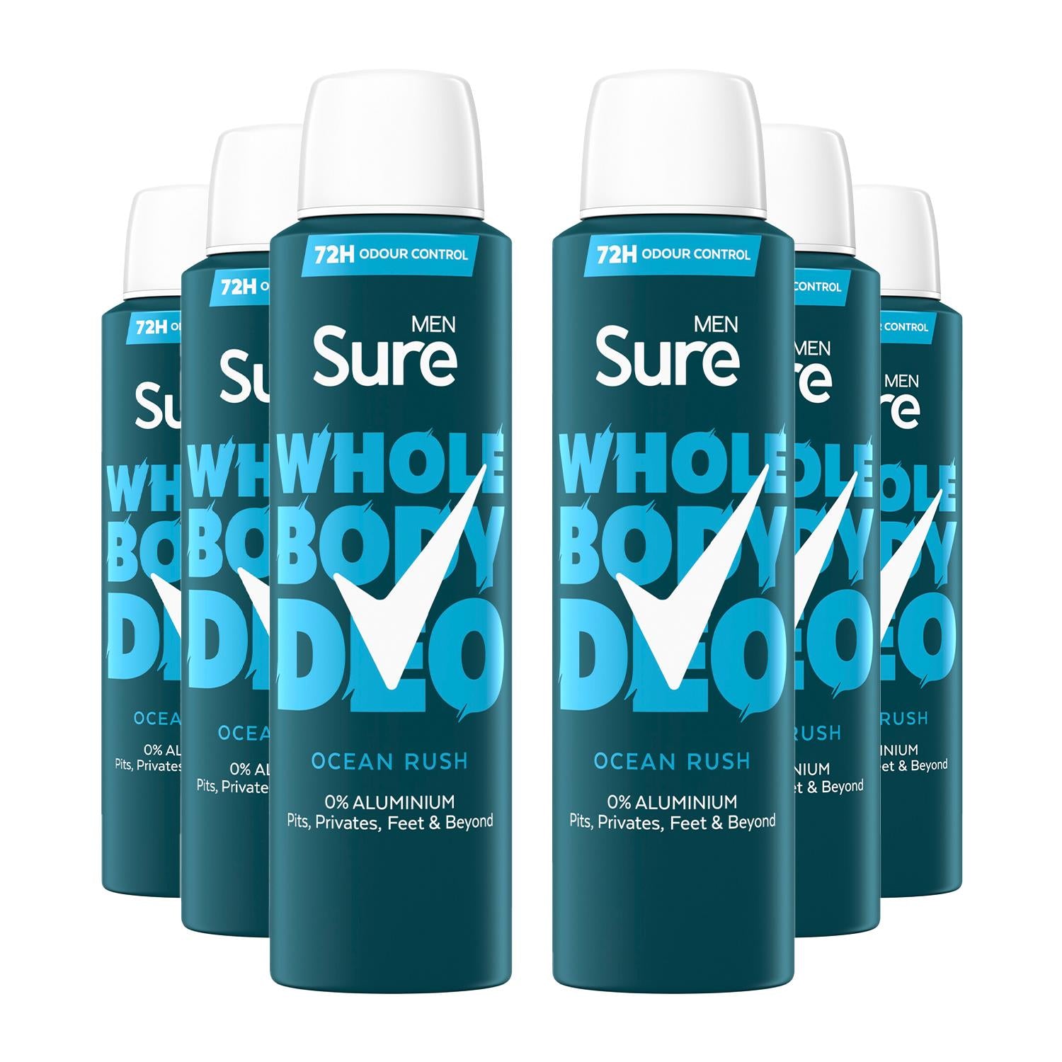 Men Whole Body Deodorant Spray Ocean Rush W/ 72h Odour Control 150ml, 6pk