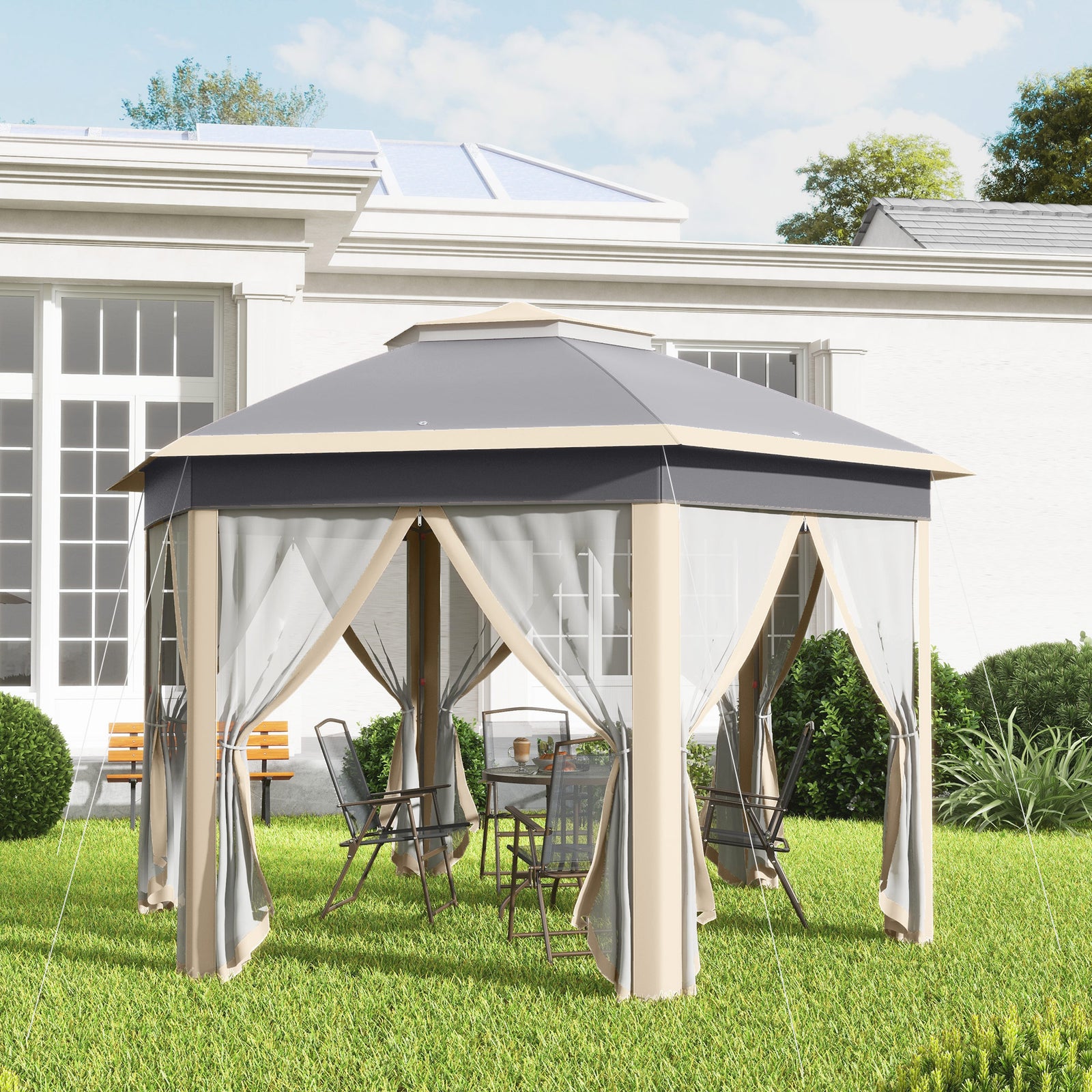4x4m Hexagon Gazebo With Metal Frame Mesh Curtains Garden | Khaki