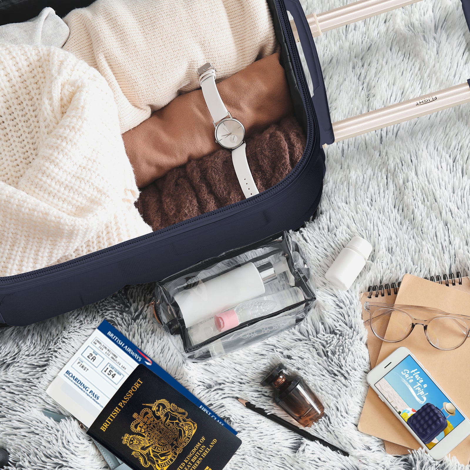 45x36x20cm Lightweight Underseat Cabin Carry On Suitcase - 100+ Airline Approved - Hard Shell Luggage - 4 Wheels - Bubble Design | Cabin | Navy Blue