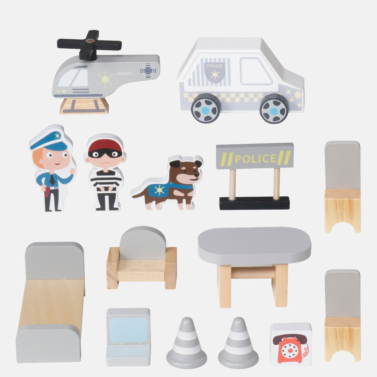 Kids Wooden Police Station Playset 3 Tier Dollhouse Role Play Pretend Toy Educational