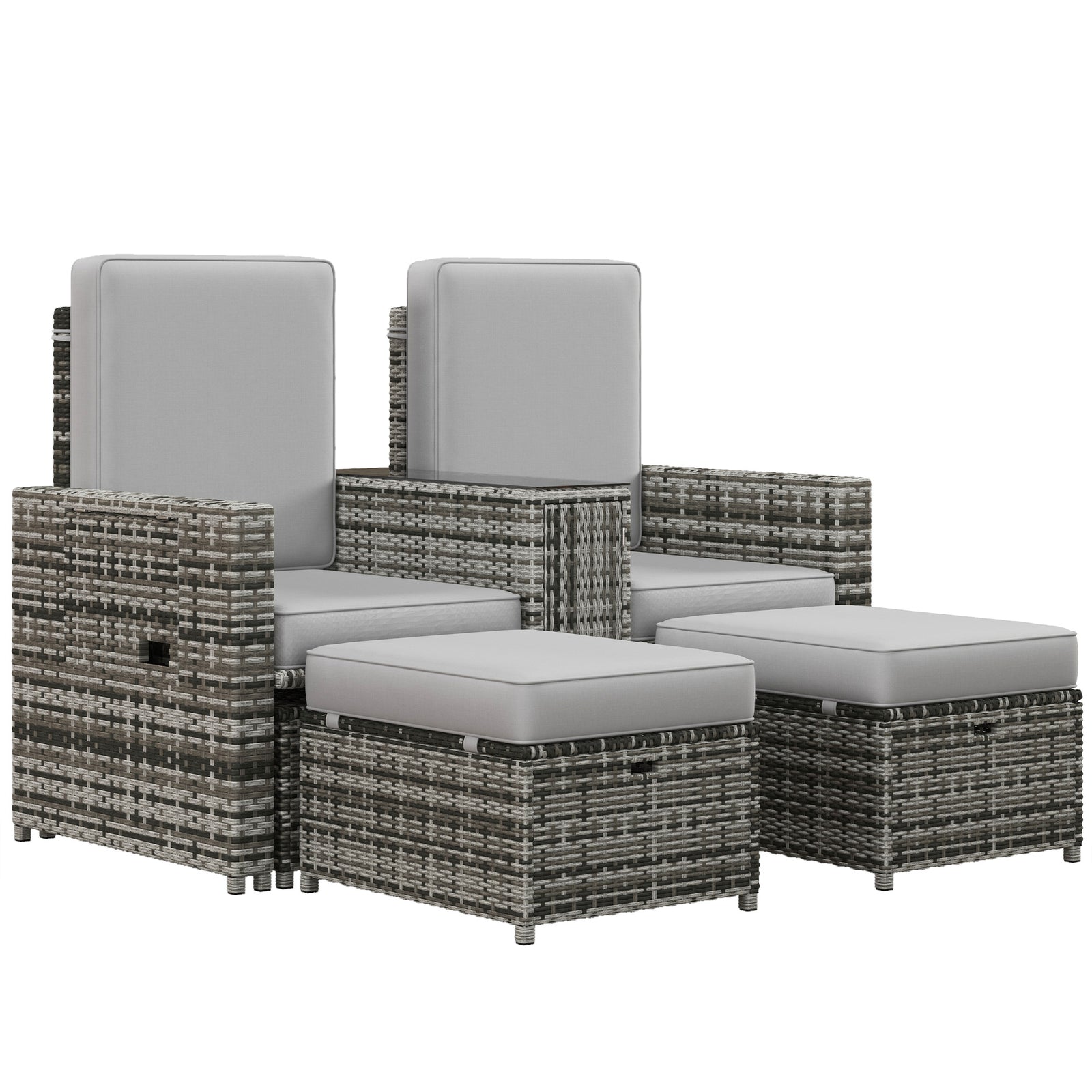 5-level Rattan Sun Lounger W/ Tea Table & Footstools