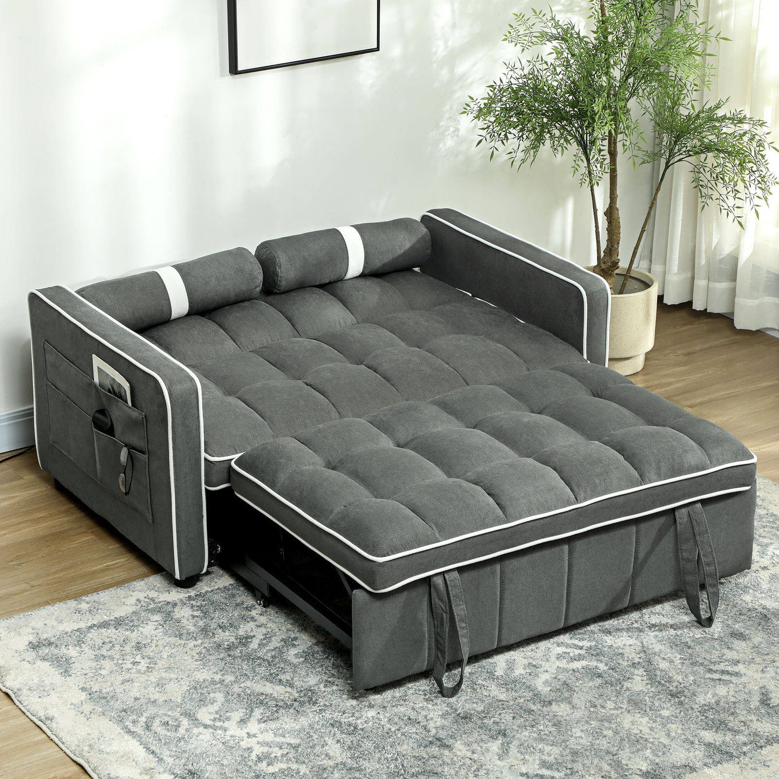 2 Seater Pull Out Sofa Bed With Adjustable Backrest, Charcoal Grey