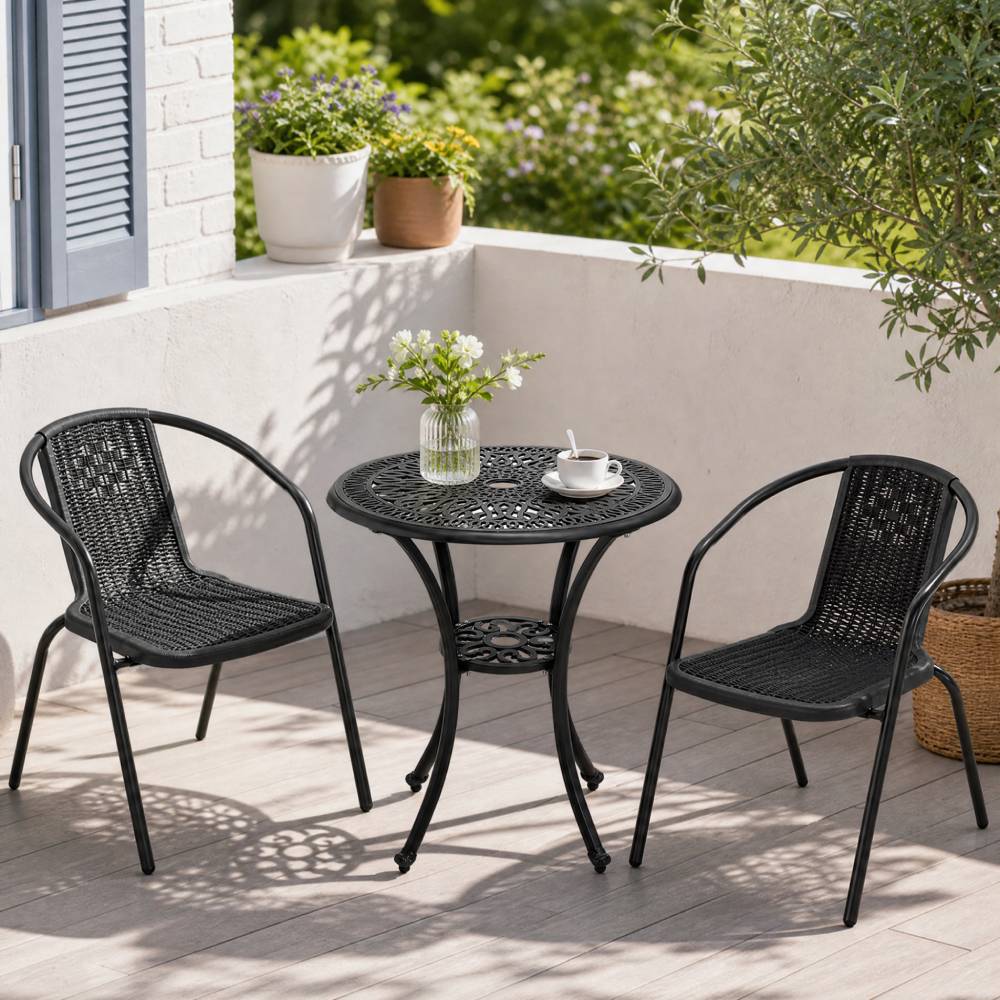 3 Pcs Bistro Set Cast Aluminium Round Patio Dining Table With Pe Rattan Stacking Chairs