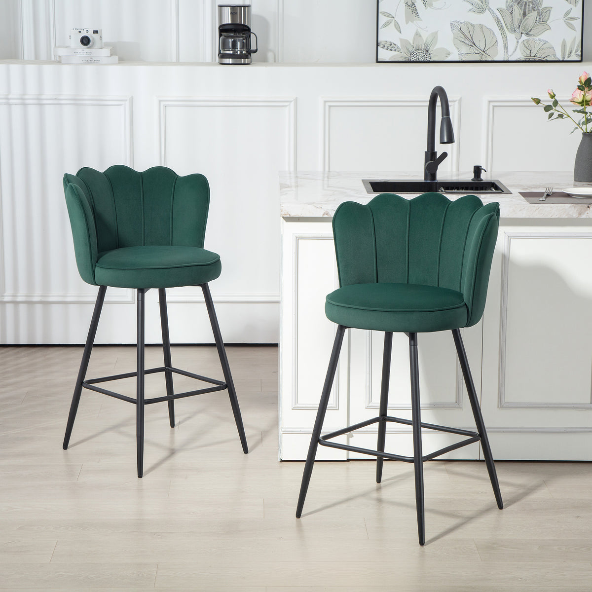 Barstool With Petal Backrest For Kitchen Island | Set of 2 | Dark Green