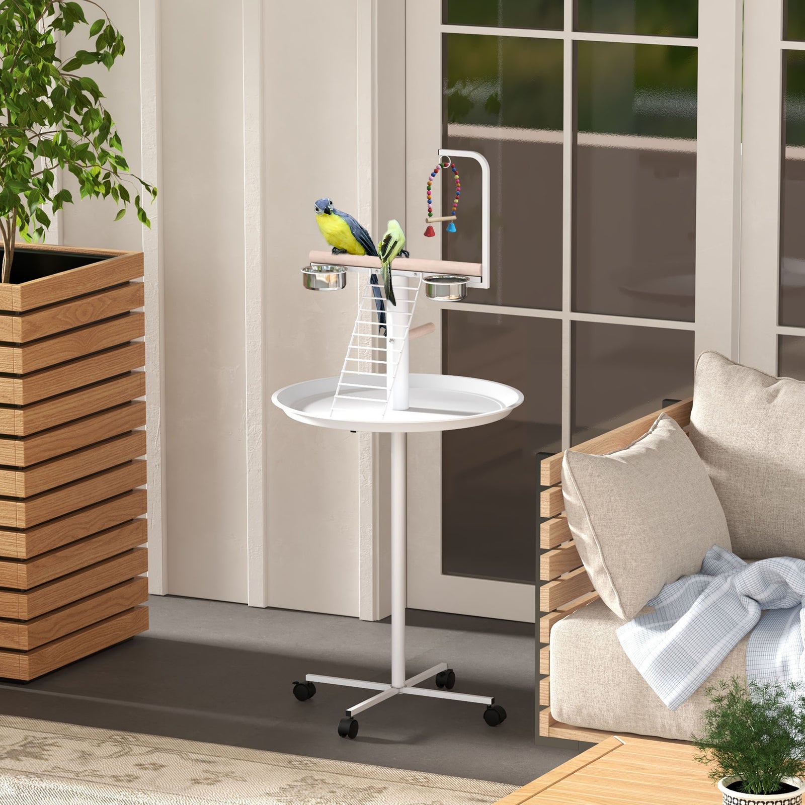 Pawhut Bird Table With Four Wheels, Perches, Stainless Steel Bowls, Round Tray