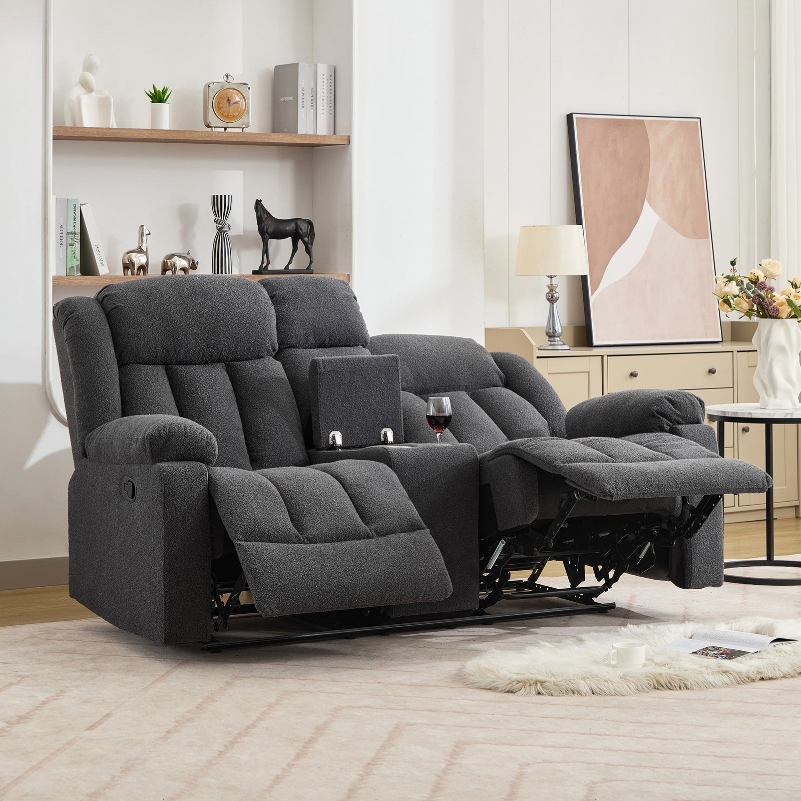 Lovell 2 Seat Manual Recliner Sofa With Central Console | Dark Grey