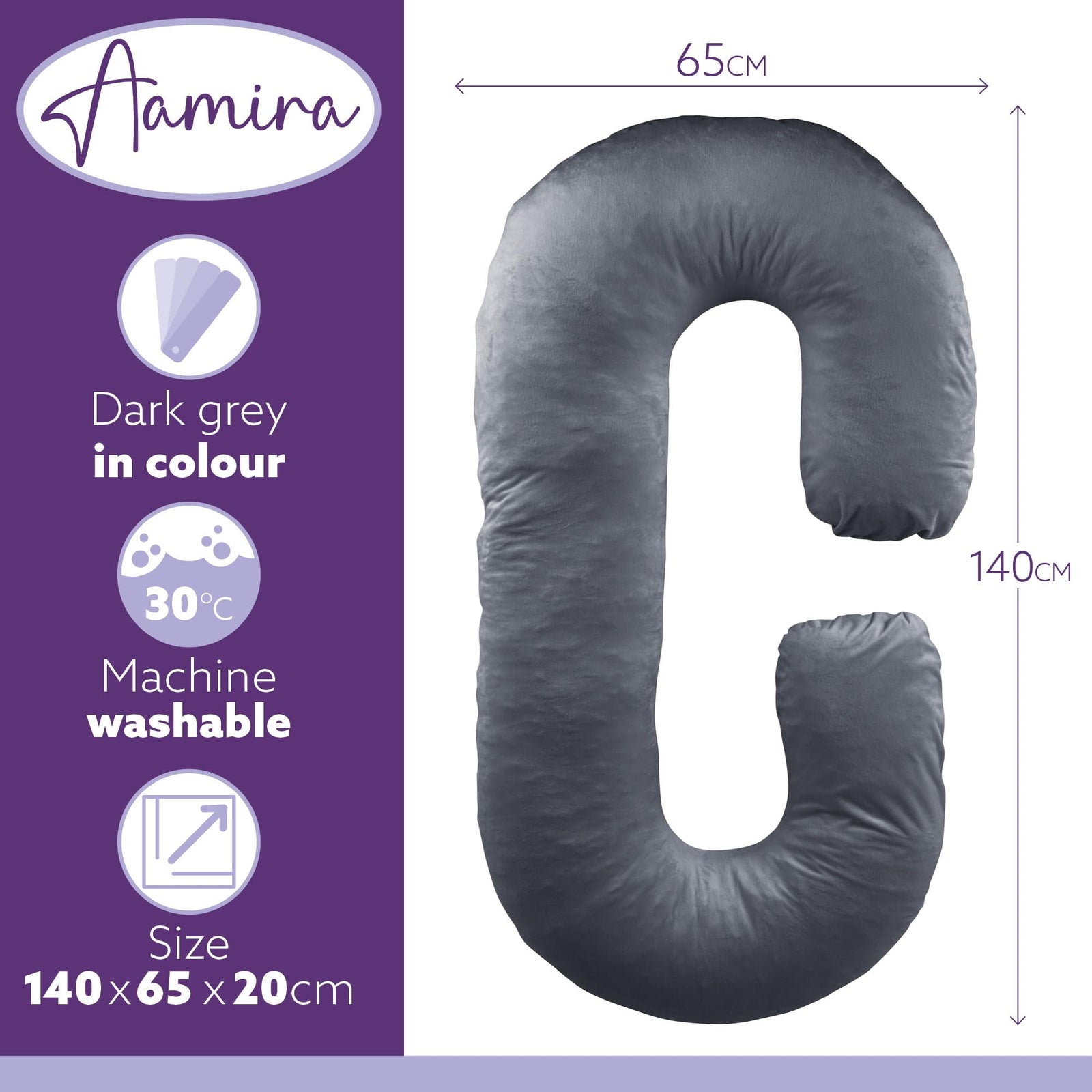 C Shaped Pregnancy Pillow, 140x65x20cm Shredded Memory Foam Full Body Maternity Cushion For Sleeping | C Shape | Dark Grey