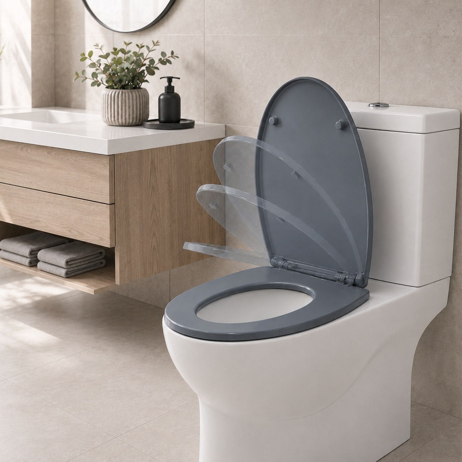 Toilet Seat Soft Close Oval Shape, Premium Thermoplastic, Quick Release, Top & Bottom Fixings | Grey