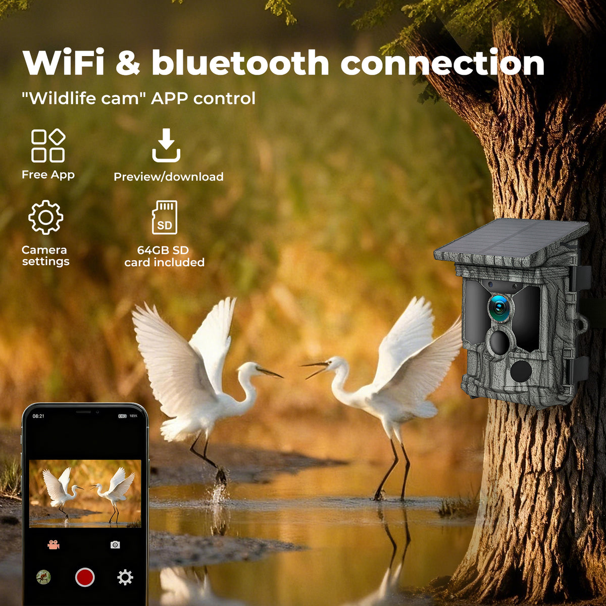 Solar Trail Camera 4k 112mp Hunting Game Cam Wifi Bluetooth 64gb Card | Camouflage